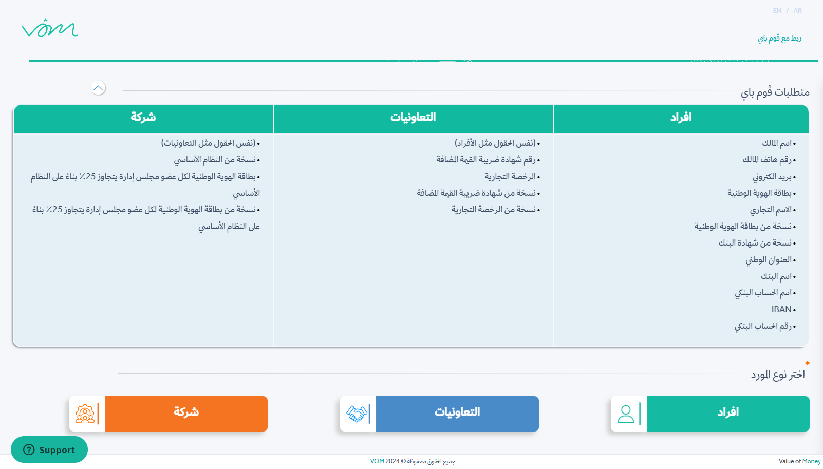 ستظهر لك متطلبات الربط مع فوم باي وفقًا لأنواع الأعمال التي تمارسها، ولكل منها طريقة ربط مختلفة، وهي: